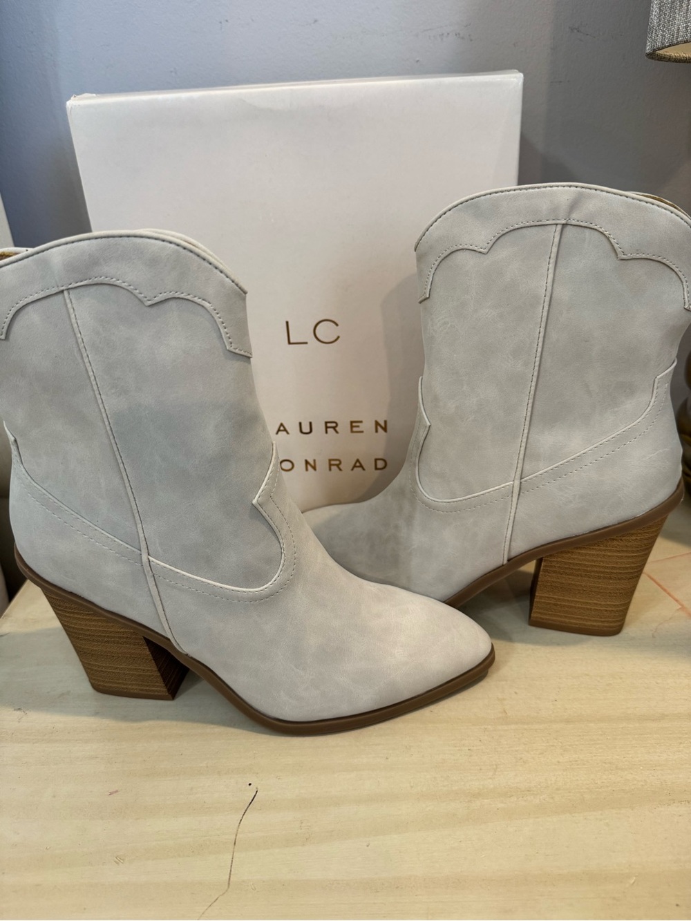LC Lauren Conrad Light Gray Western Block Heel Booties